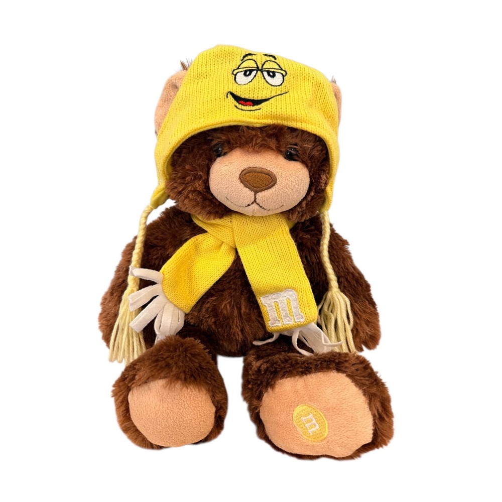 M&M's World Brown Teddy Bear Plush Yellow Scarf & Trapper Hat Winter 15 Inch